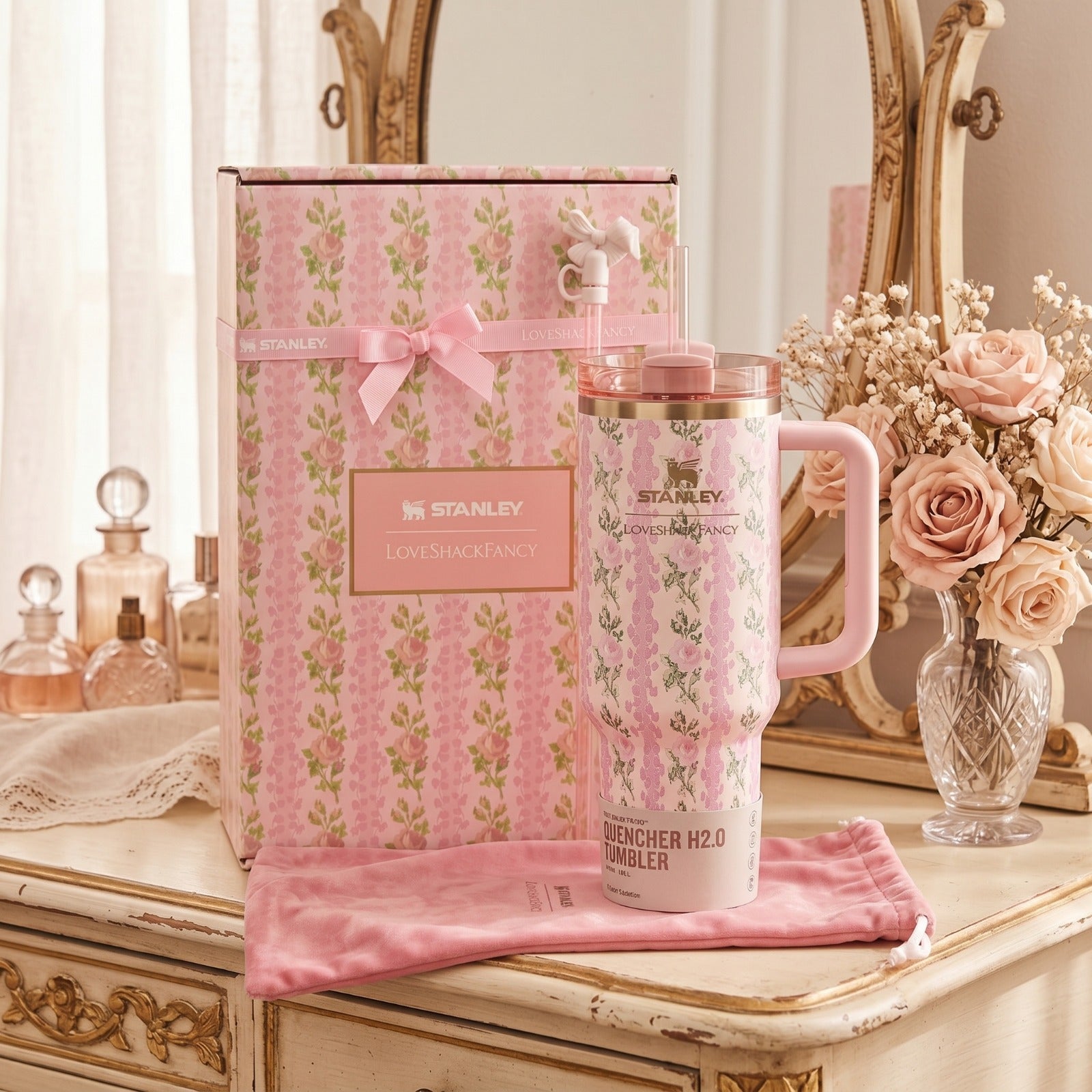 Stanley × LoveShackFancy Quencher H2.0 Tumbler – Pink Floral Gift Set